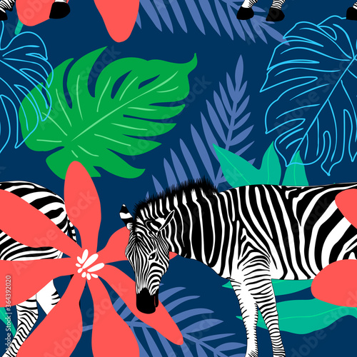 Collage contemporary floral and zebra seamless pattern. Modern exotic jungle plants. vector illustration design.