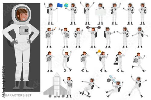 Set of Astronaut woman people working character vector design. Presentation in various action with emotions, running, standing and walking.