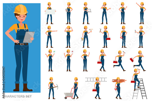 Set of Builder woman people working character vector design. Presentation in various action with emotions, running, standing and walking.