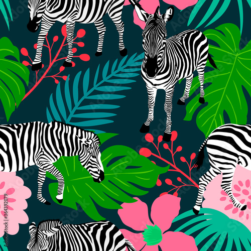 Collage contemporary floral and zebra seamless pattern. Modern exotic jungle plants. vector illustration design.