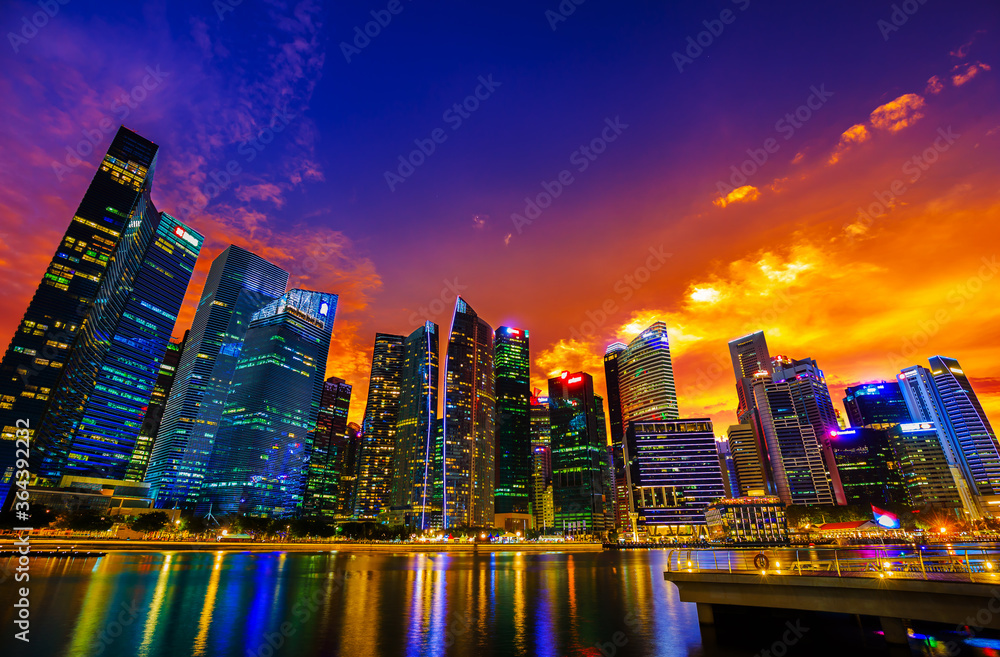 skyline of singapore city with sunset