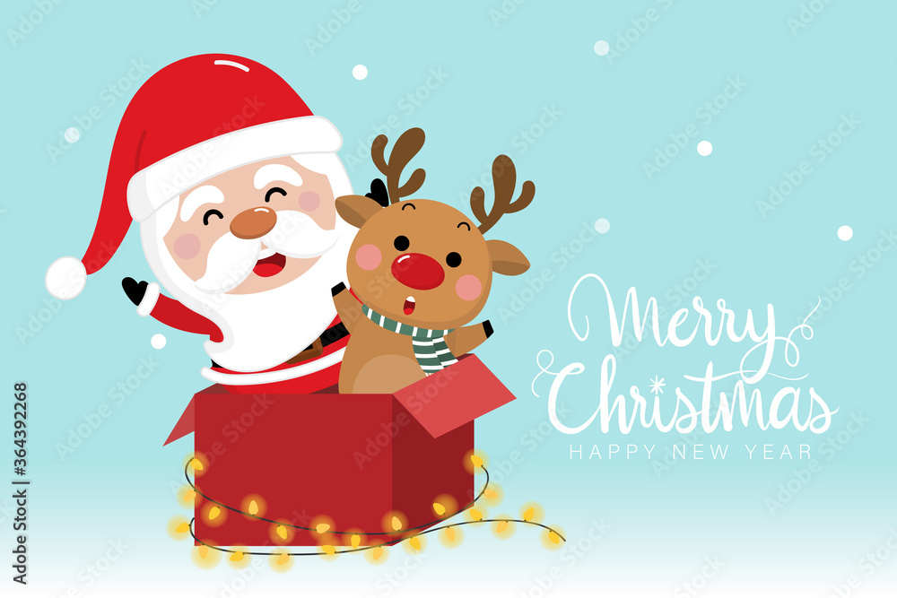 Merry Christmas and happy new year greeting card with cute Santa Claus, deer and bulb light. Holiday cartoon character in winter season. -Vector. Merry Christmas and happy new year greeting card with cute Santa Claus, deer and bulb light. Holiday cartoon character in winter season. -Vector.