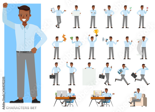 Set of businessman character vector design. Presentation in various action with emotions, running, standing and walking. People working in office planning, thinking and economic analysis.