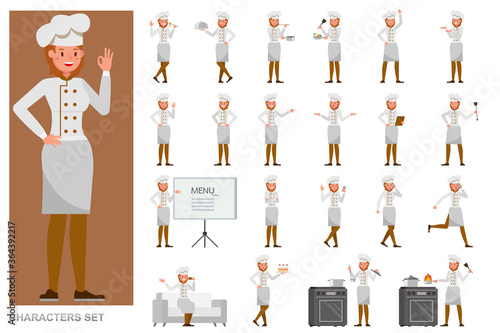 Set of Chef woman working character vector design. Presentation in various action with emotions, running, standing and walking.