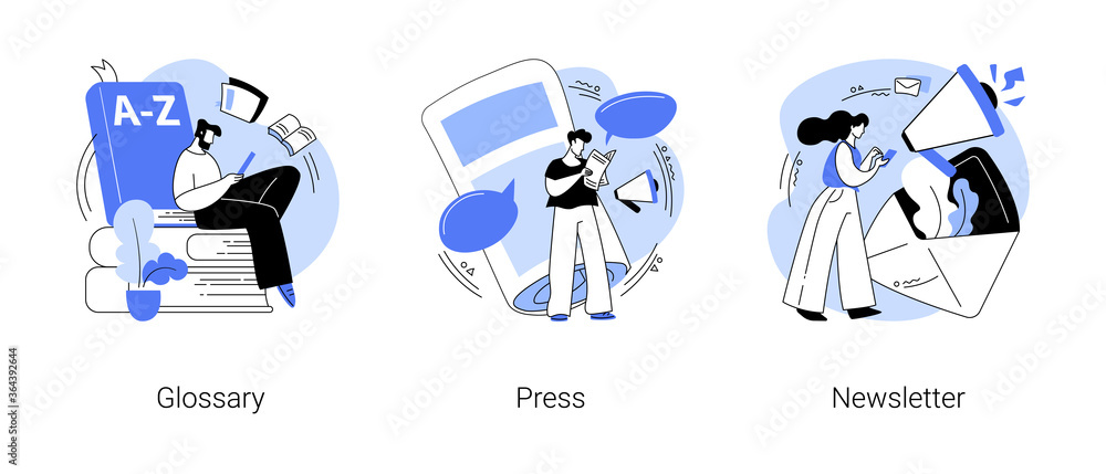 Fototapeta premium Company latest news abstract concept vector illustration set. Glossary and newsletter, press web page, menu bar, terms and dictionary, about us, landing page, get updates, promotion abstract metaphor.
