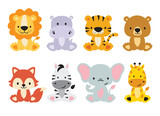 Cute wild animals set including lion, tiger, hippo, bear, fox, zebra, giraffe, and elephant. Safari jungle animals vector. Woodland animal illustration. 