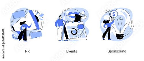 Company public relations abstract concept vector illustration set. PR, events and sponsoring, promotion strategy, event calendar, company investment program, website menu bar abstract metaphor.