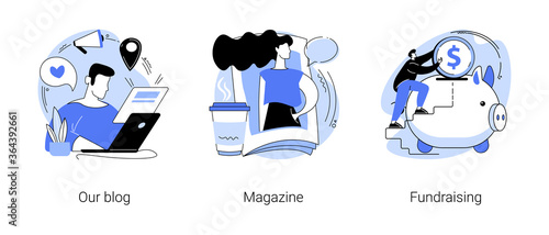 News source abstract concept vector illustration set. Our blog, magazine, fundraising, subscribe for publications, latest news, company website page, croudfounding, review article abstract metaphor.