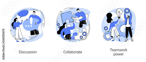 Effective team-working abstract concept vector illustration set. Discussion, collaboration, teamwork power, share opinion, brainstorming, corporate website, goal achievement abstract metaphor.