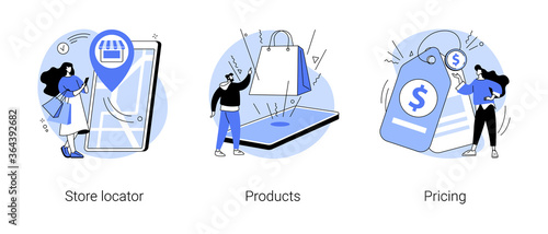 E-commerce website abstract concept vector illustration set. Store locator, product, pricing, website menu bar, find us, service catalog, retail store, online shopping, wishlist abstract metaphor.