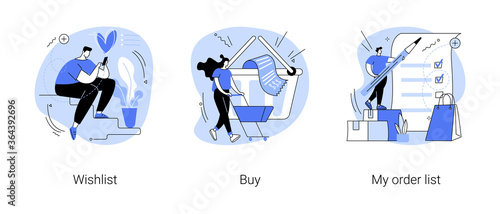 Online shopping abstract concept vector illustration set. Wishlist, buy, my orders list, add to shopping cart, product in stock, retail store, e-commerce website, user account abstract metaphor.