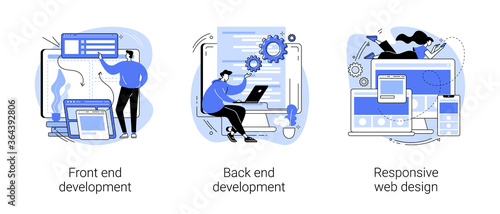 Web development agency abstract concept vector illustration set. Front and back end development, responsive web design, website interface, coding and programming, user experience abstract metaphor.