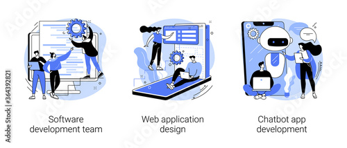 Professional programming abstract concept vector illustration set. Software development team, web application design, chatbot app, remote teamwork, outsource company, user interface abstract metaphor.