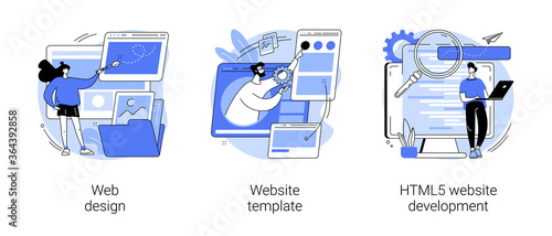 Website building service abstract concept vector illustration set. Web design, website template, HTML5 development, landing page, interface, user experience, constructor platform abstract metaphor.