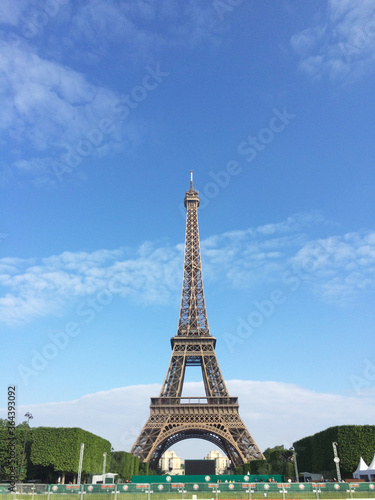 Paris skyline with an impressive Eiffel Tower in the pleasant blue sky. © ponkichi9