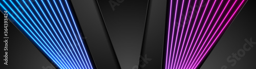 Black abstract tech corporate banner design with retro neon lines. Blue purple glowing futuristic vector background