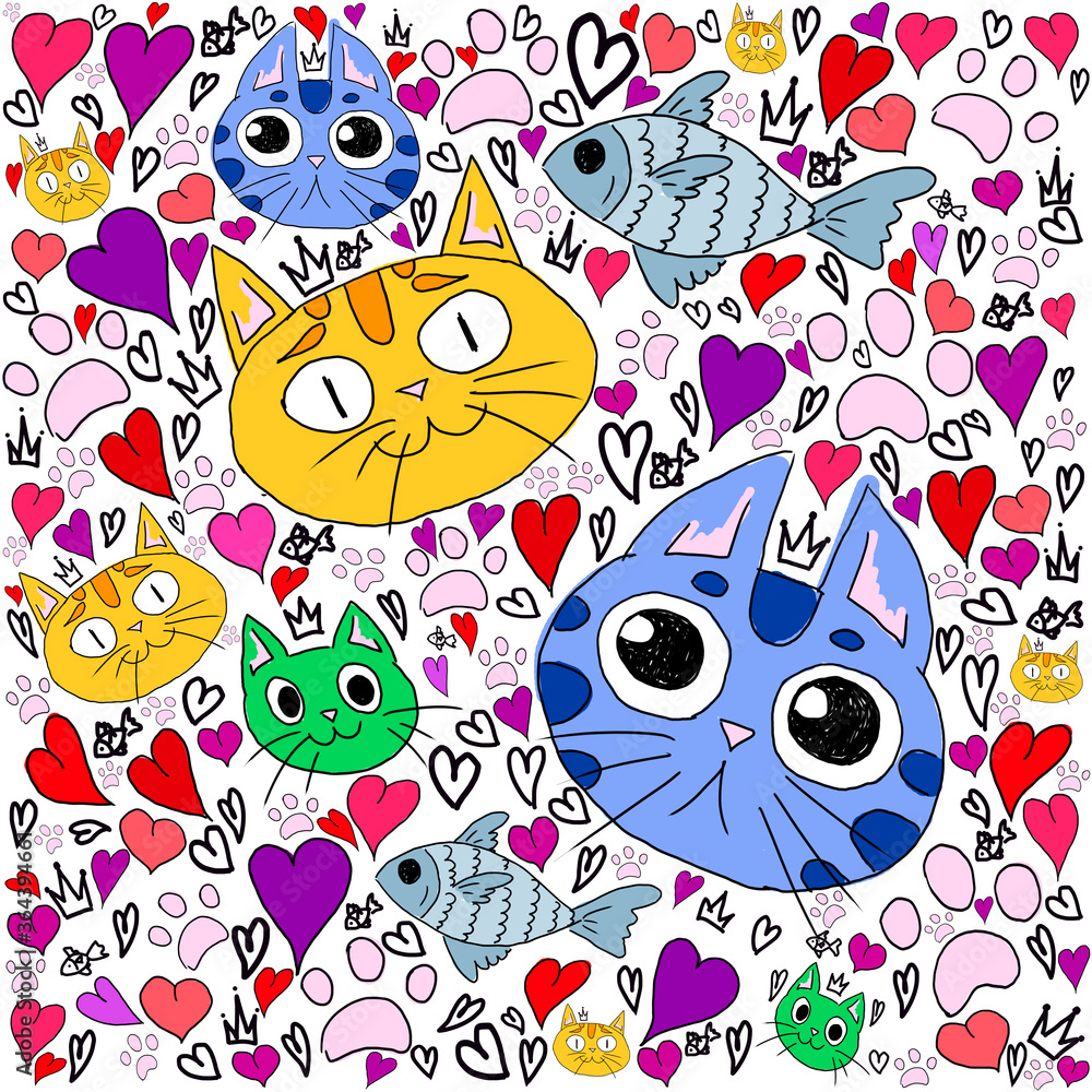 Naklejka premium cartoon cat seamless pattern isolated wallpaper background cartoon