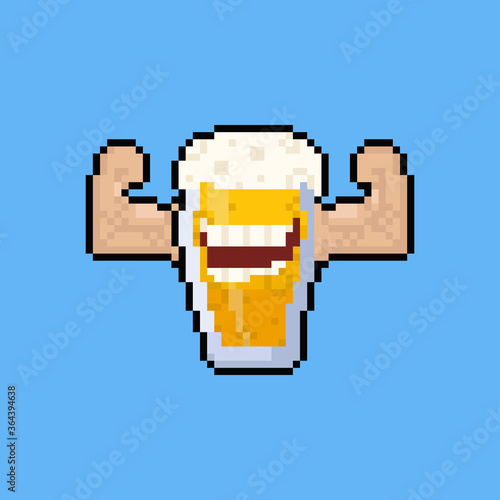 Pixel art cartoon beer mug character flex the muscle.