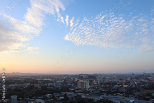 Dramatic atmosphere aerial panorama view of beautiful sunrise summer morning sky with cityscape skyline of Pattaya city in Thailand.