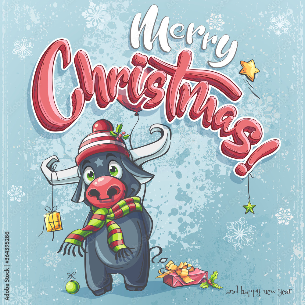 Vector cartoon illustration Marry Christmas funny bull