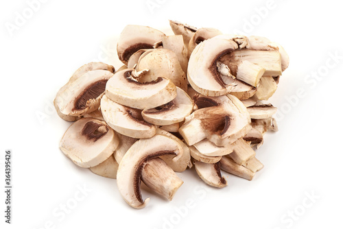 Sliced champignons, close-up, isolated on white background