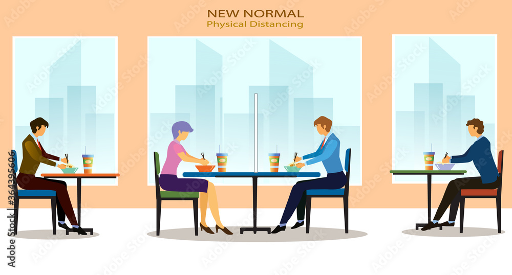 New normal, physical distancing concept in food shop : a man and a woman sit a distance apart in food center, a restaurant or a cafe