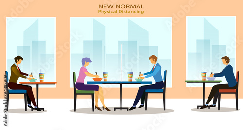 New normal, physical distancing concept in food shop : a man and a woman sit a distance apart in food center, a restaurant or a cafe