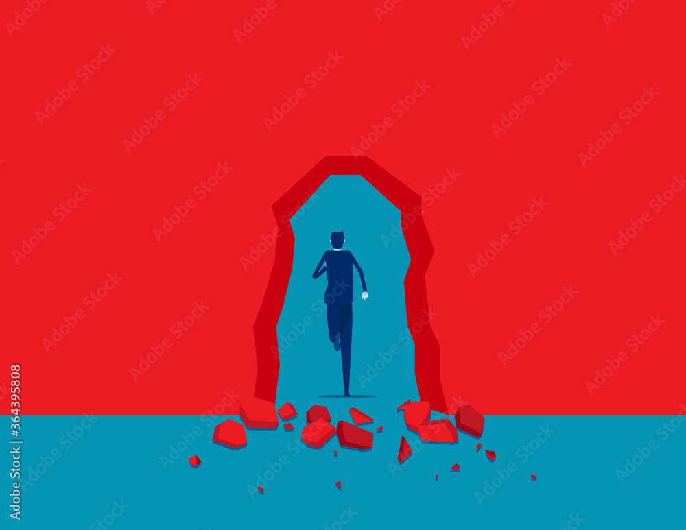 Fototapeta premium Breaking through red wall. Break through obstacles. Flat cartoon vector illustration