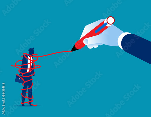 Hand drawing a red tangled ball around person depicting restriction. Flat cartoon vector illustration