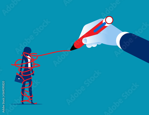 Hand drawing a red tangled ball around person depicting restriction. Flat cartoon vector illustration