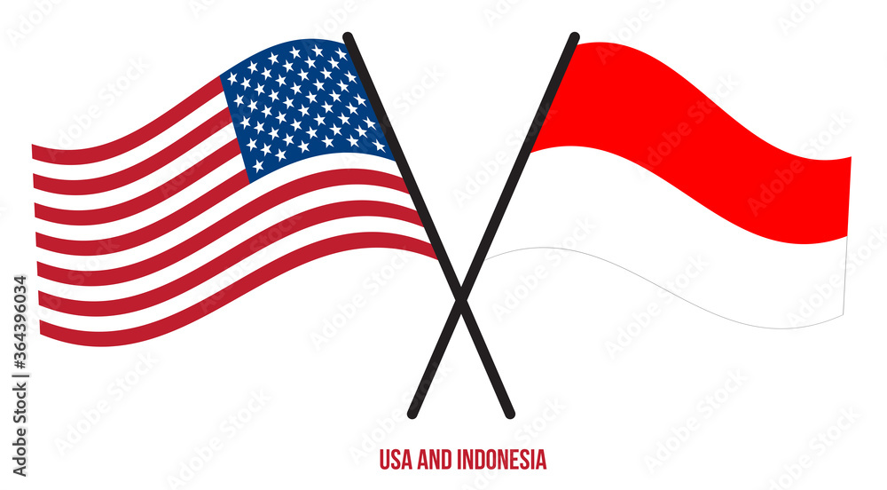 USA and Indonesia Flags Crossed And Waving Flat Style. Official Proportion. Correct Colors.