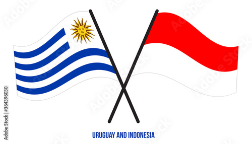 Uruguay and Indonesia Flags Crossed And Waving Flat Style. Official Proportion. Correct Colors.