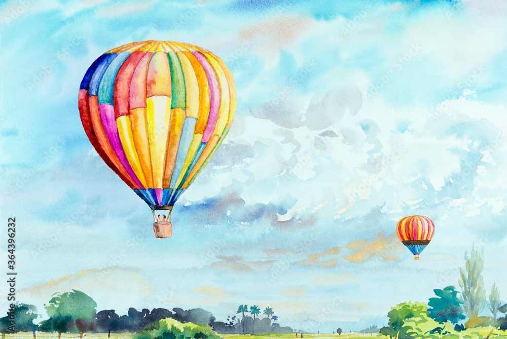 Fototapeta premium Watercolor landscape painting colorful of tourism in balloon