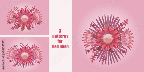 Tropical flowers seamless patterns set for bed linen