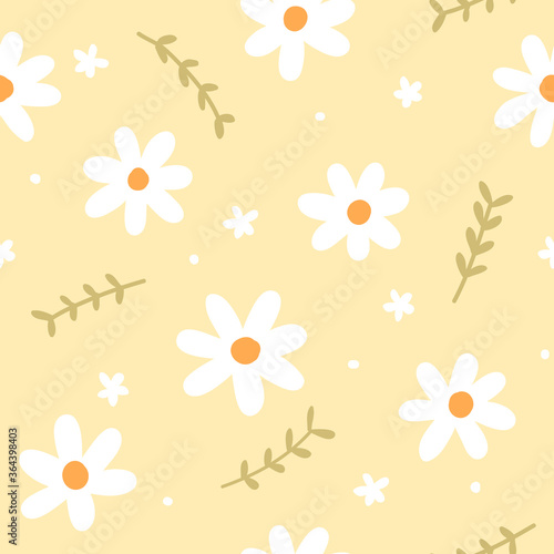 Seamless Pattern with Hand Drawn Flower and Leaf Design on Light Yellow Background