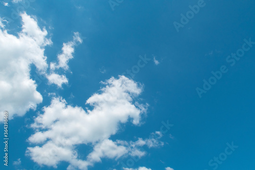 Beautiful sunny blue sky background with cotton candy white cumulus clouds   natural puffy fluffy cloudscape in tropical summer or spring sunlight   sun rays on bright daylight horizon at sunshine day
