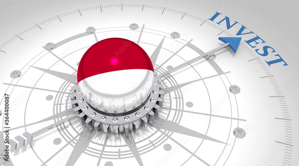Business concept. Abstract compass points to the invest word. Flag of the Indonesia. 3D rendering Business concept. Abstract compass points to the invest word. Flag of the Indonesia. 3D rendering