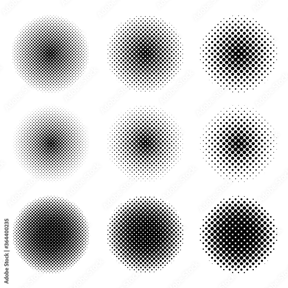 Circle halftone set. Round shape with dotted gradient. Dot spray gradation