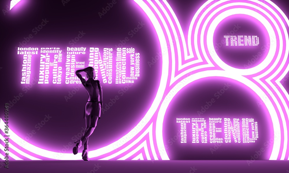 Woman backlight silhouette. Neon shine text. Fashion tags cloud. 3D rendering