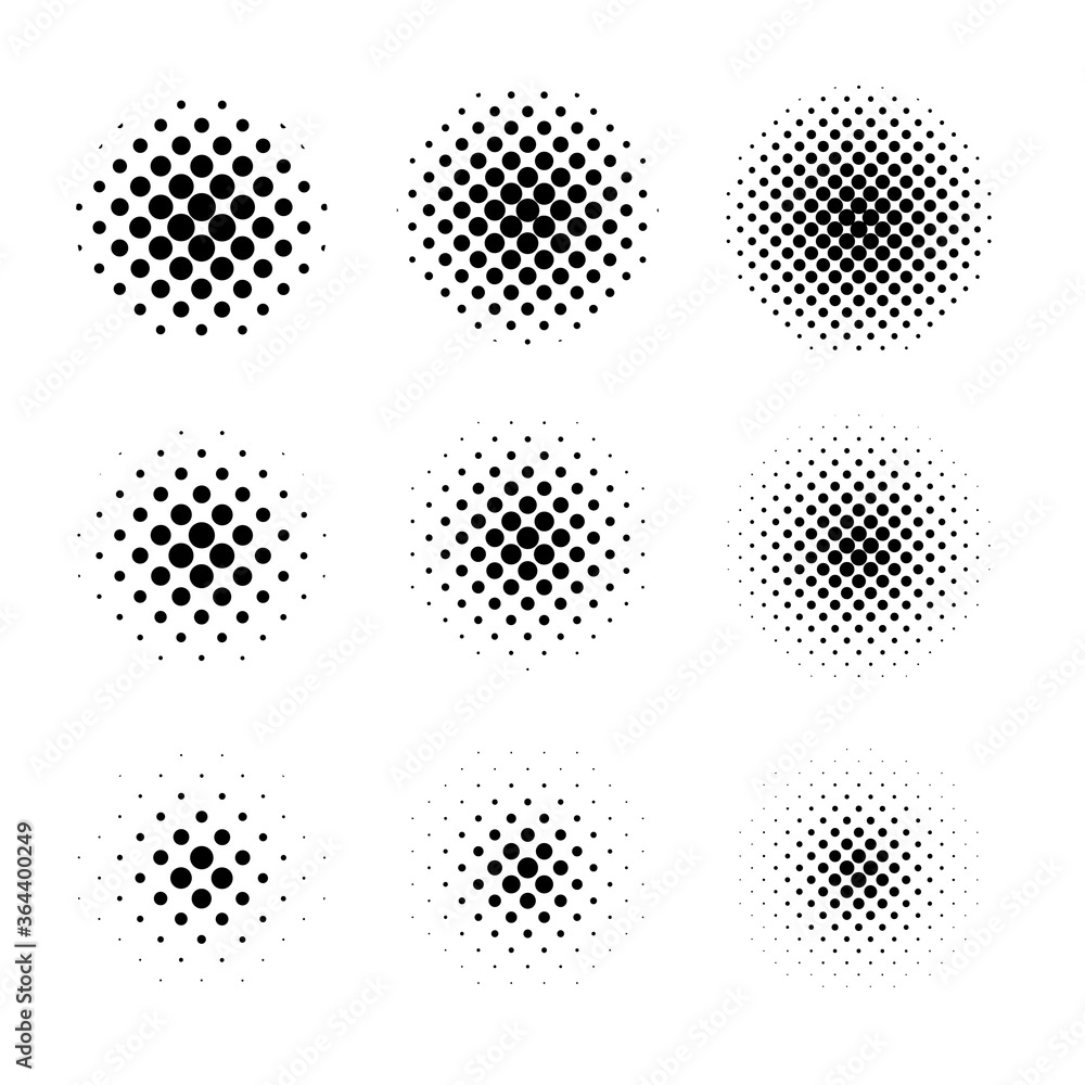 Circle halftone collection. Round shape with dotted gradient. 