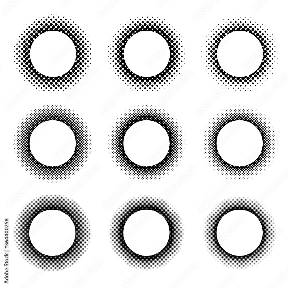 Circle ring halftone set. Round border with dotted gradient. Circle ring halftone set. Round border with dotted gradient.