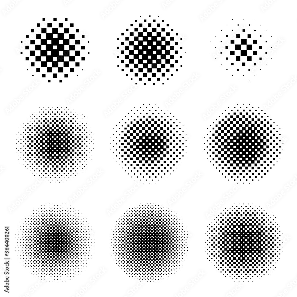 Circle halftone set with square dots. Round shape with dotted gradient. 
