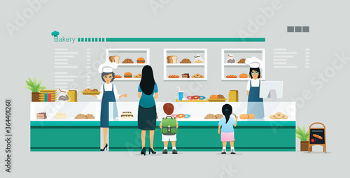 Mother and children are buying a bakery in the shop.