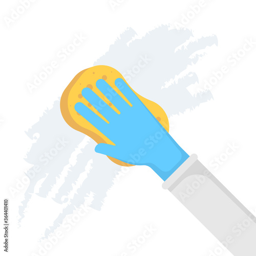 Hand in gloves with sponge wash wall. Vector illustration.