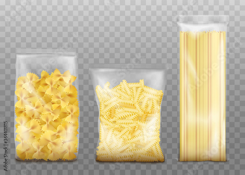 Mockup of three kinds pasta bags set realistic vector illustration isolated.
