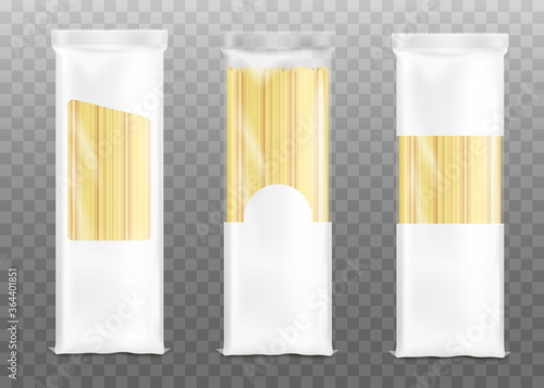 Mockups of pasta bags with blank parts realistic vector illustration isolated.