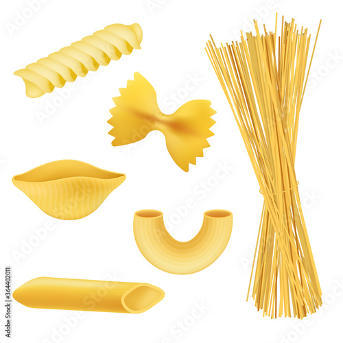 Different pasta shapes - realistic set isolated on white background