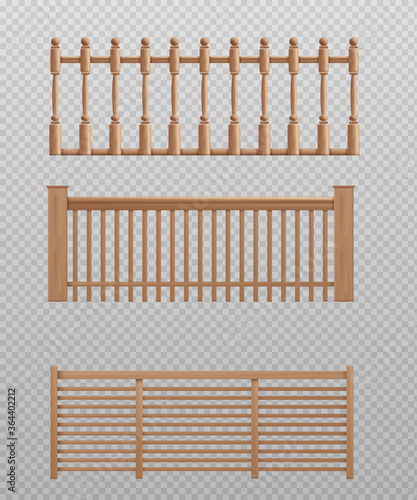 Wooden banister set - realistic balcony barrier or wood safety handrails