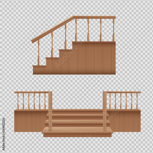 Wooden porch staircase set - home entrance stairs from front and side view