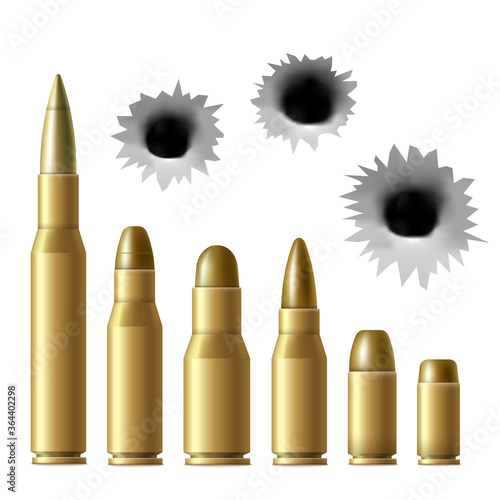 Realistic metal bullet and gunshot hole set isolated on white background